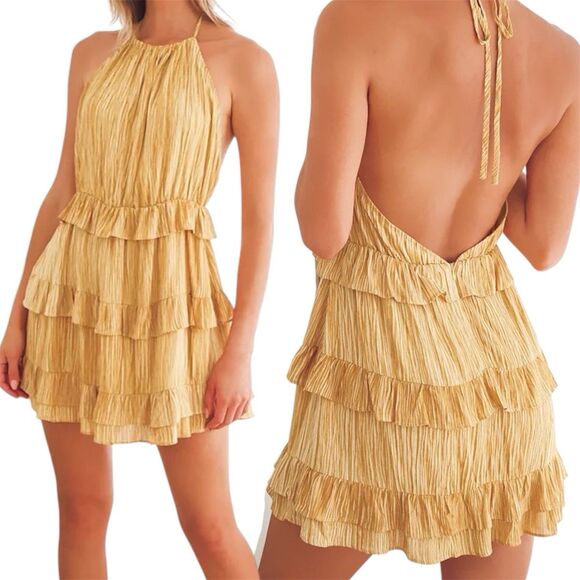 Lulus Ruffled Halter Dress Size XS Mini Downright Darling Mustard Yellow - Picture 1 of 12